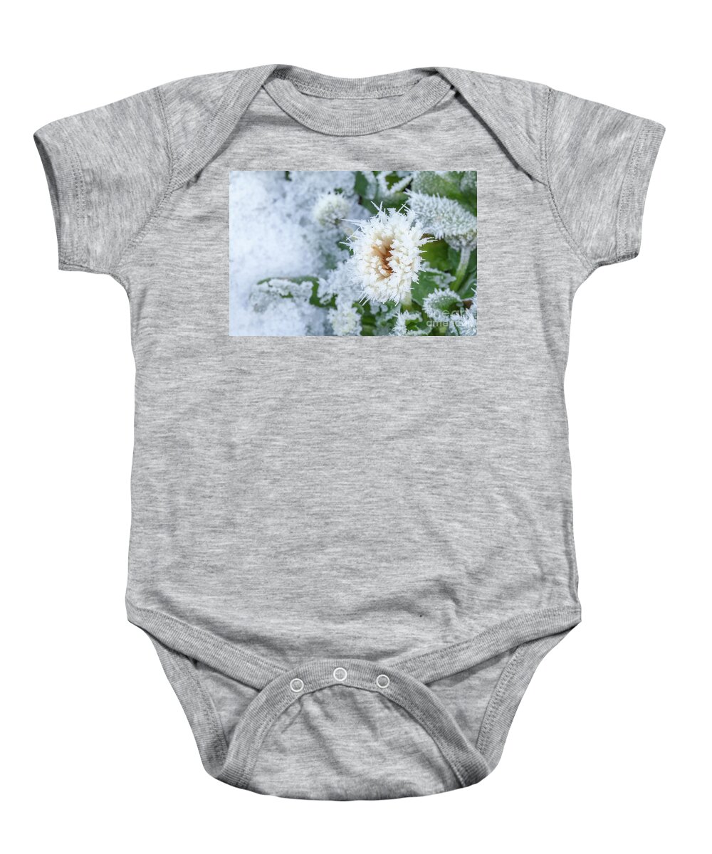Flower Baby Onesie featuring the photograph Daisy flower covered in winter ice by Simon Bratt