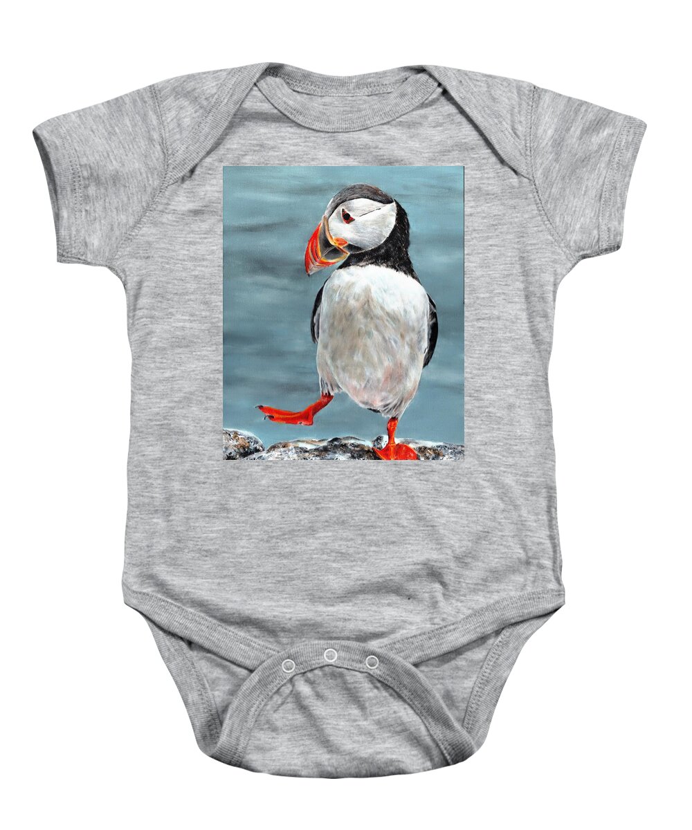 Puffin Baby Onesie featuring the painting Dancing Puffin by John Neeve