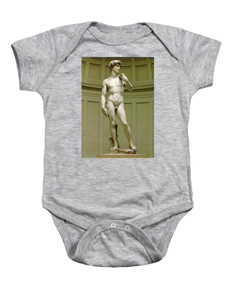 David Baby Onesie featuring the sculpture David. Marble statue -after 1501-. Michelangelo. by Michelangelo -1475-1564-