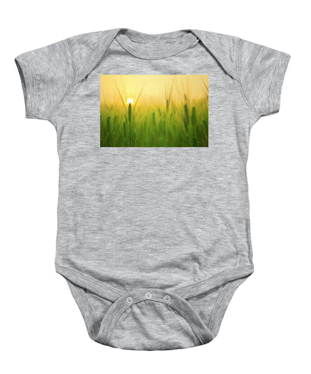 Photo Baby Onesie featuring the photograph Dawn at the wheat field by Top Wallpapers