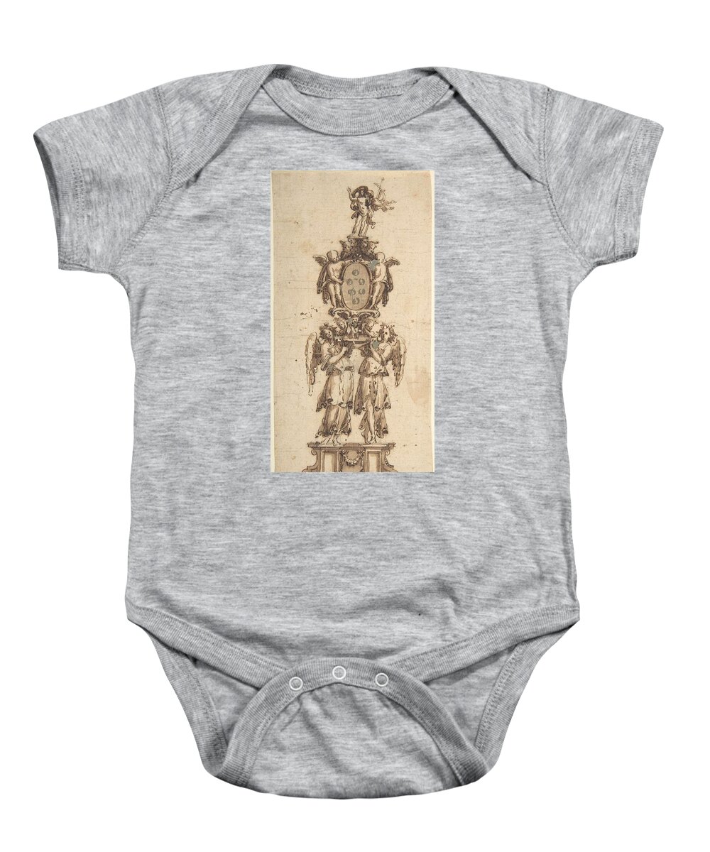 Nature Baby Onesie featuring the painting Design for a Temporary Structure consisting of Two Angels carring the Medici Coat of Arms crowned by MotionAge Designs