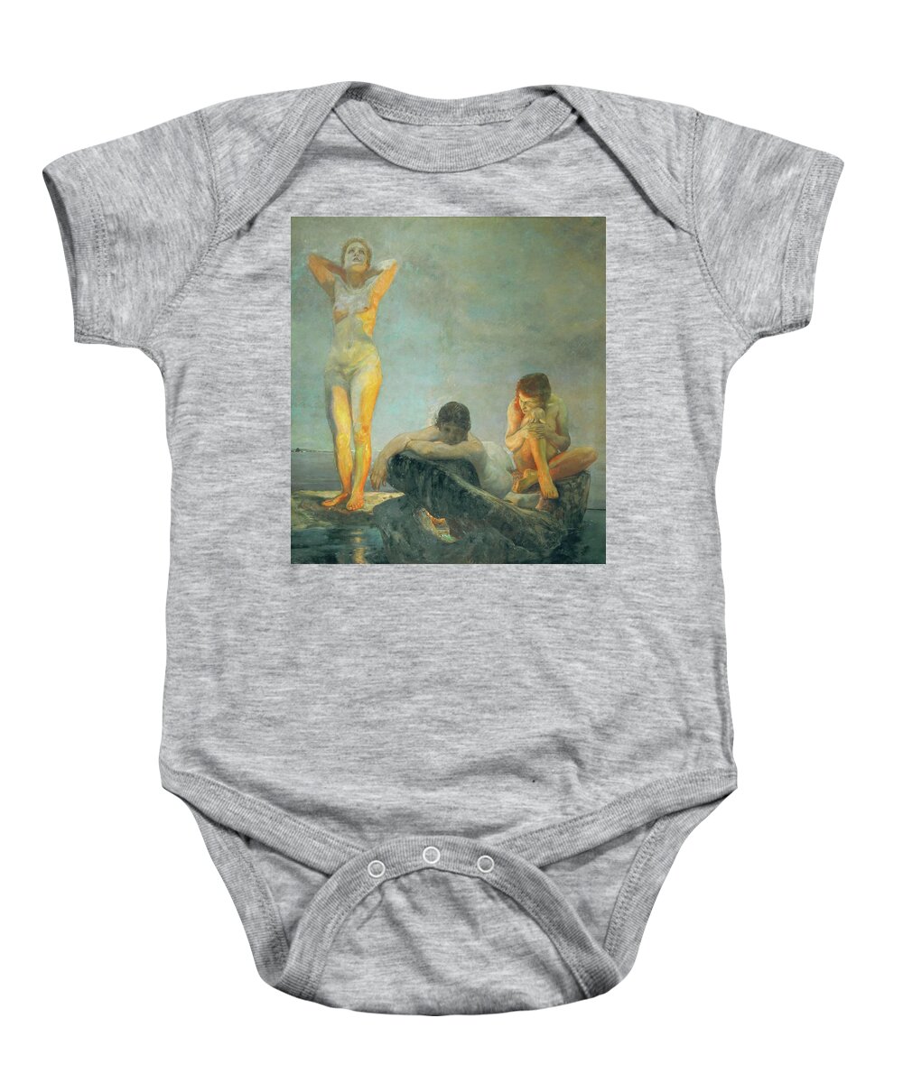 Max Klinger Baby Onesie featuring the painting Die blaue Stunde-The Blue Hour Oil on canvas, 191,5 x 176 cm. by Max Klinger -1857-1920-