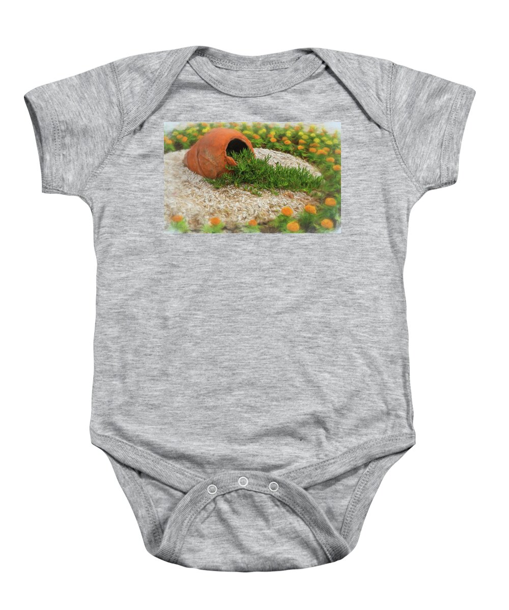 Flower Baby Onesie featuring the photograph Digital art painting of flowers around ancient pottery urn by Steven Heap