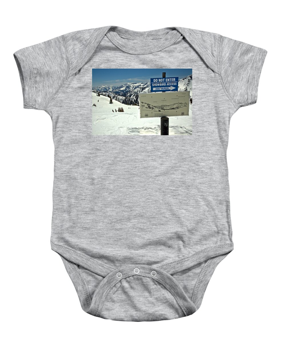 Alta Baby Onesie featuring the photograph Do Not Enter Snowbird Here by Adam Jewell
