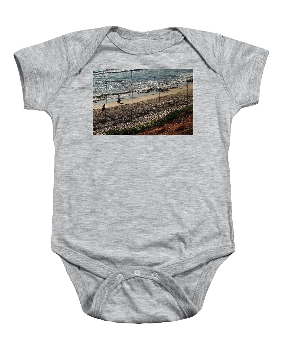 Seaside Baby Onesie featuring the digital art Dogwalk by Sea by Asok Mukhopadhyay