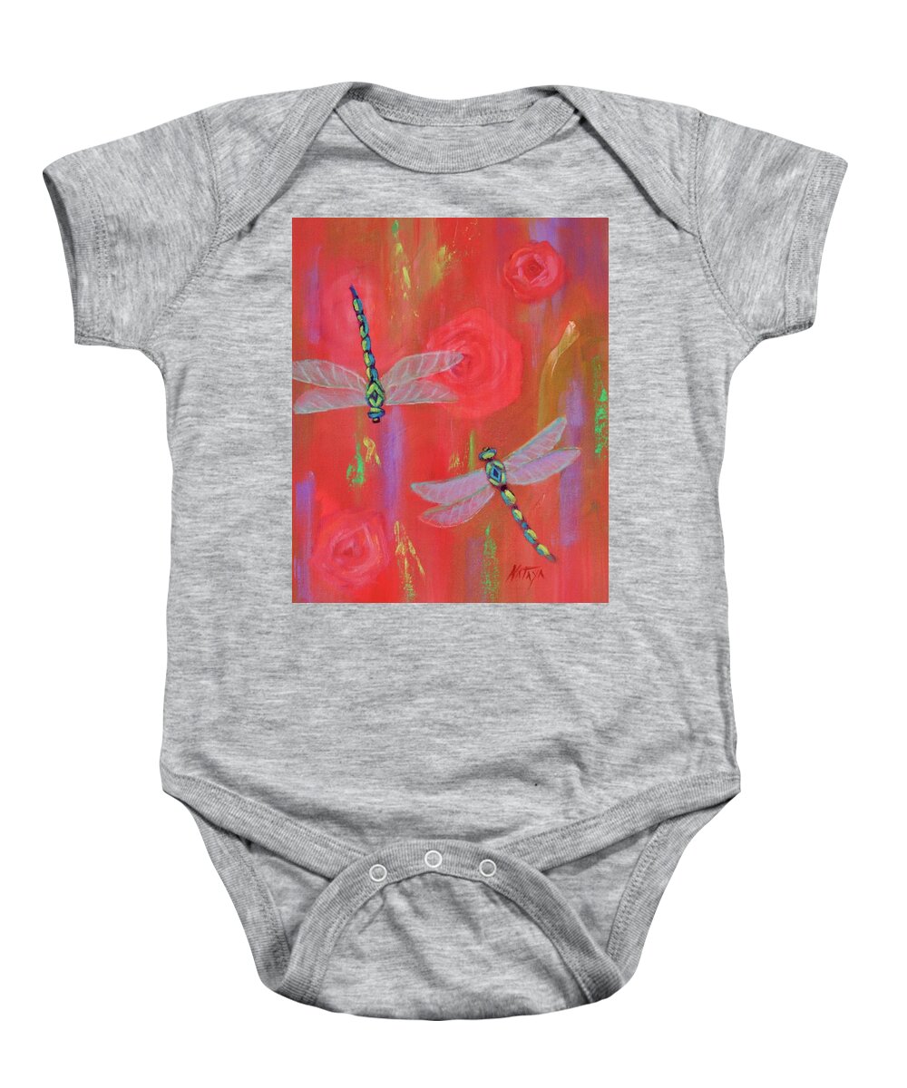 Dragonfly Baby Onesie featuring the painting Dragonfly N Roses by Nataya Crow