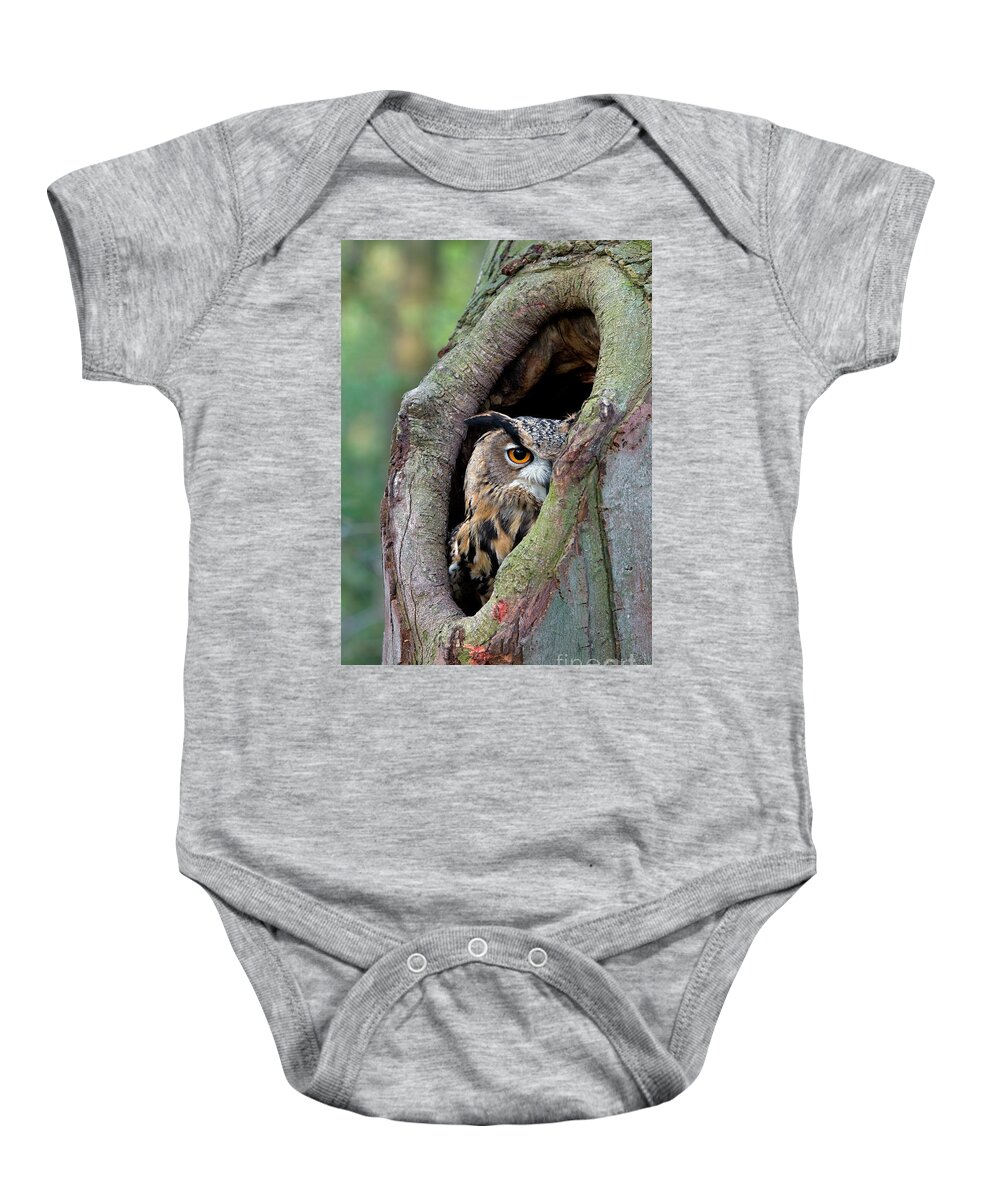 00436048 Baby Onesie featuring the photograph Eagle Owl Peering from Nest Cavity by Rob Reijnen