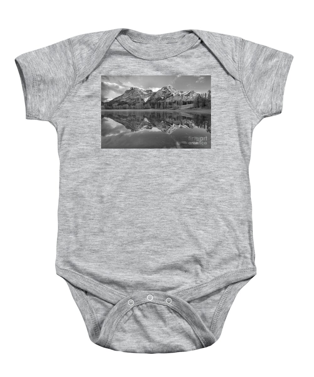 Wedge Pond Baby Onesie featuring the photograph Early Morning Kananaskis Reflections Black And White by Adam Jewell