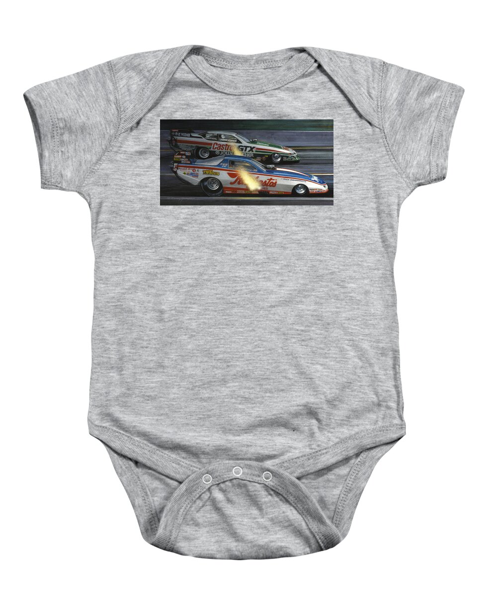 Nhra Drag Racing Funny Cars Nitro Baby Onesie featuring the painting East vs West by Kenny Youngblood