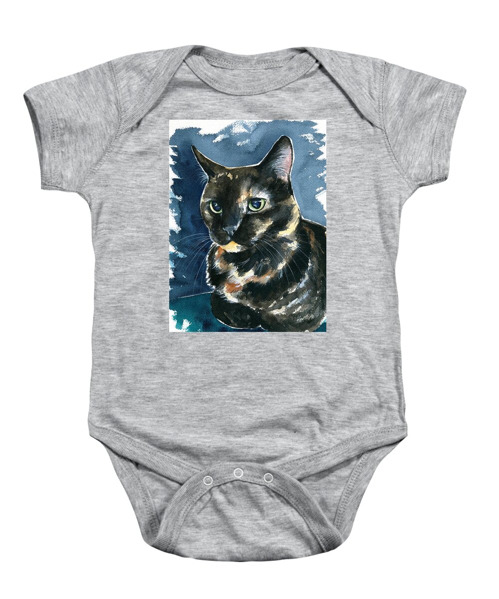 Cat Baby Onesie featuring the painting Ellie Tortoiseshell Cat Portrait by Dora Hathazi Mendes
