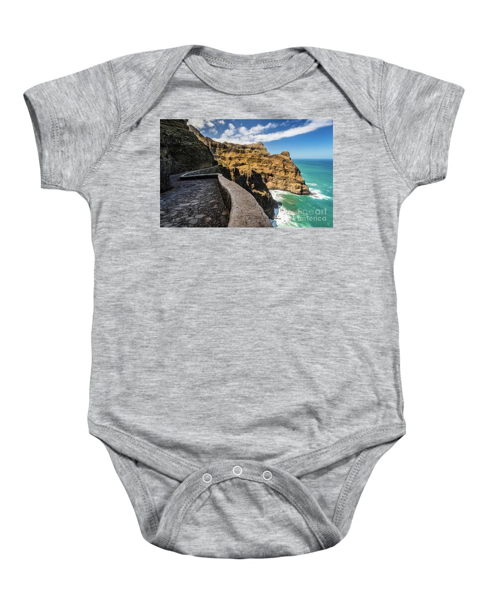 Cliff Baby Onesie featuring the photograph Scenic route to Fontainhas, Santo Antao, Cape Verde by Lyl Dil Creations