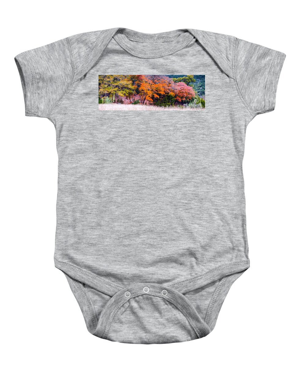 Lost Maples Baby Onesie featuring the photograph Fall Panorama of Changing Bigtooth Maples at Lost Maples State Natural Area - Texas Hill Country by Silvio Ligutti