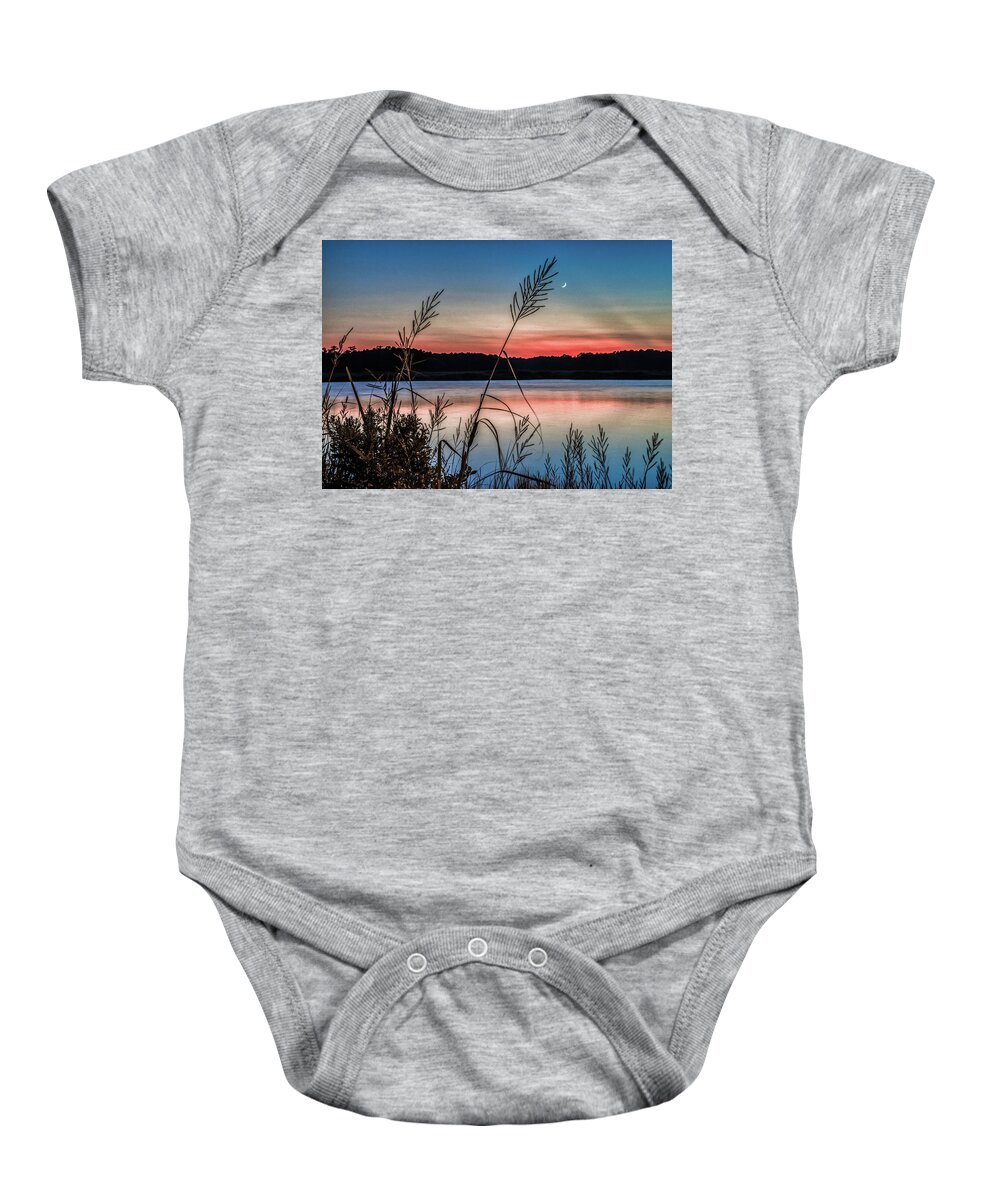 Denbigh Pier Baby Onesie featuring the photograph Fingernail Moon at Sunset by Jerry Gammon
