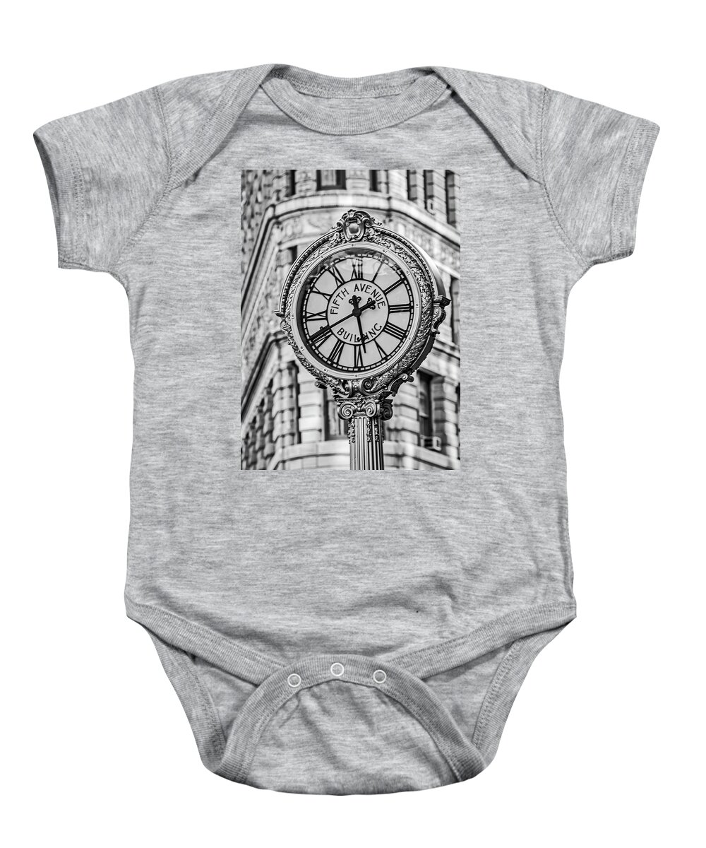 Clock Baby Onesie featuring the photograph Flatiron and Fifth Ave Clock NYC BW by Susan Candelario