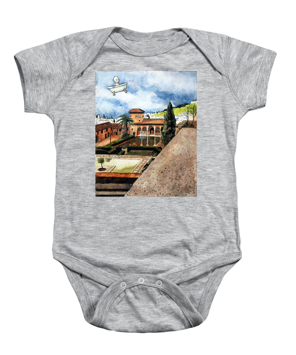 Baby Baby Onesie featuring the painting Flying My Bathtub Over the Alhambra by Pauline Lim
