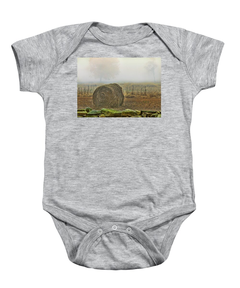 Bale Of Hay Baby Onesie featuring the photograph Foggy autumn morning near the beach by Cordia Murphy