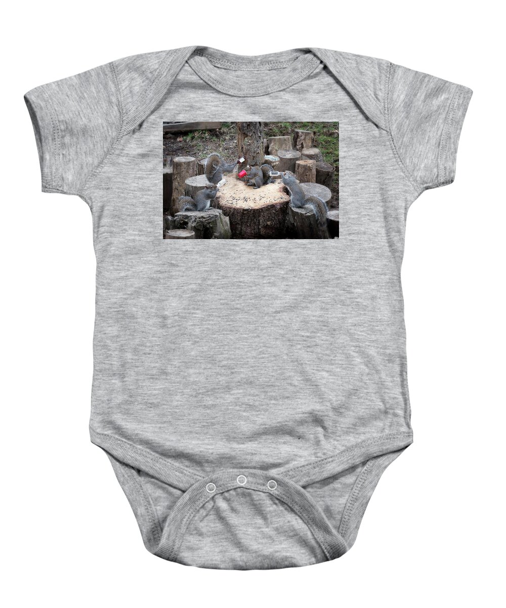 Grey Squirrels Baby Onesie featuring the photograph Found the mini bar by Daniel Friend