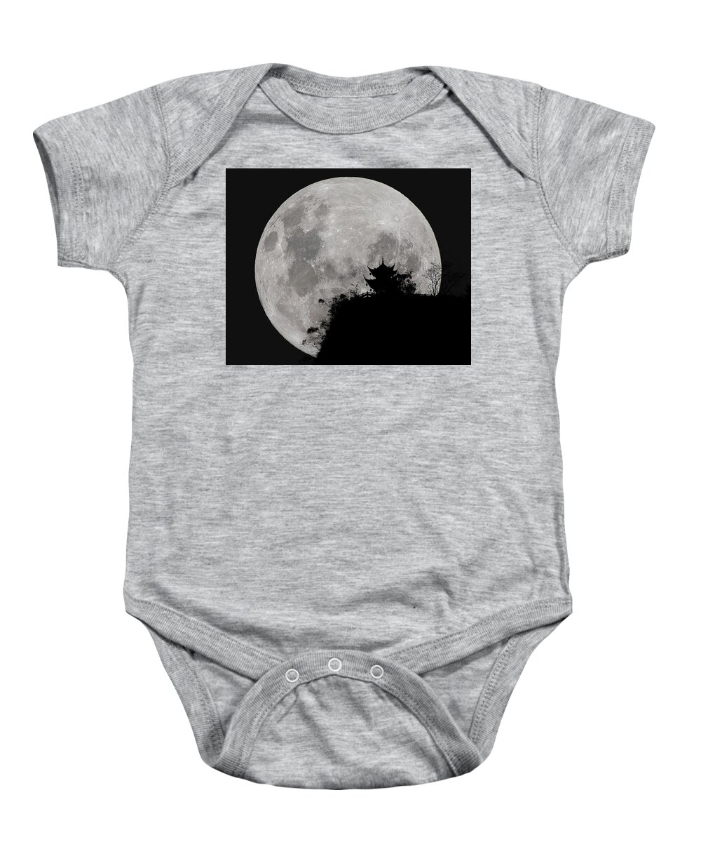Moon Baby Onesie featuring the photograph Full Moon Behind Clifftop Gazebo in Chengdu China by William Dickman