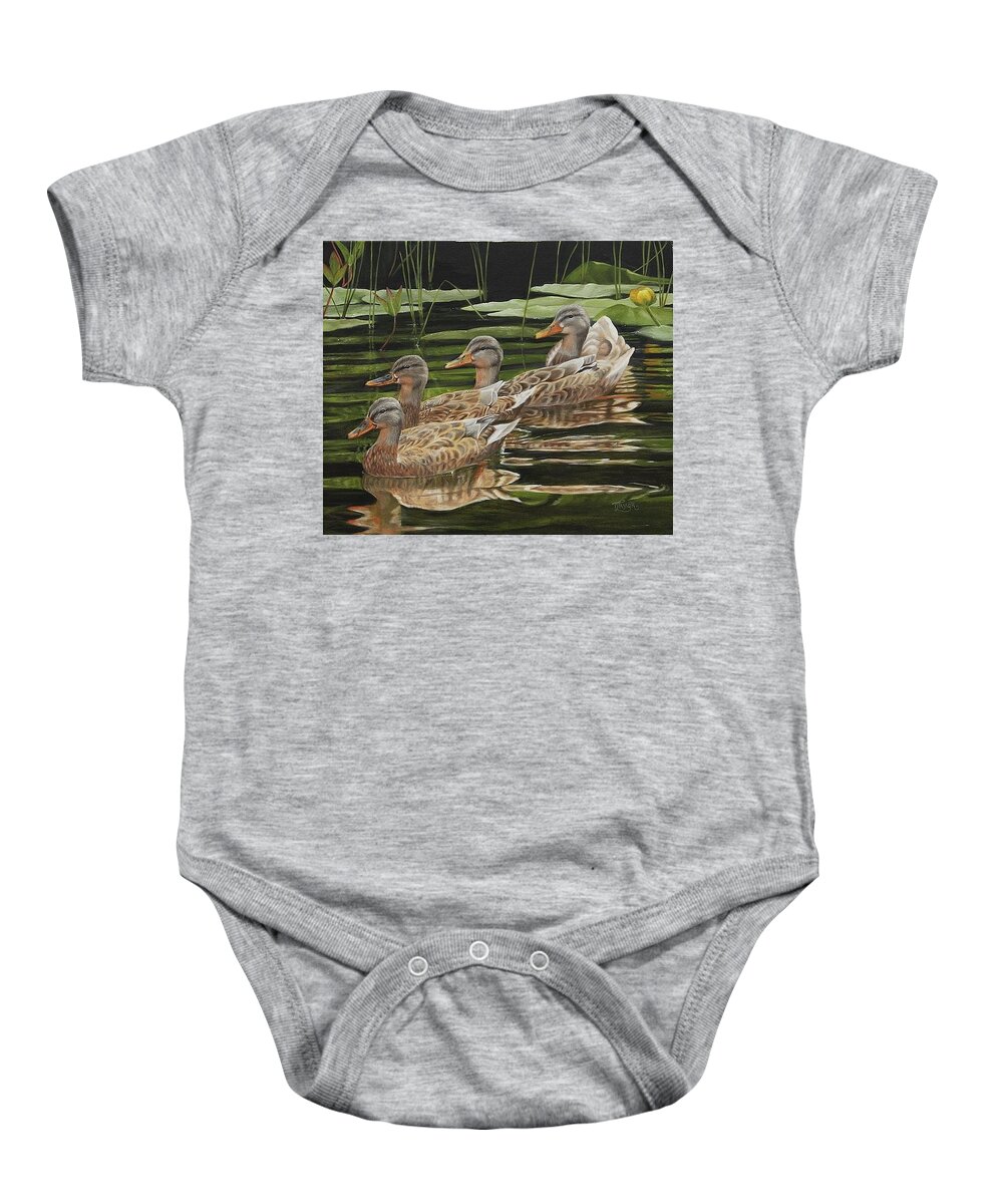 Mallards. Ducks Baby Onesie featuring the painting Got My Ducks In A Row by Tammy Taylor