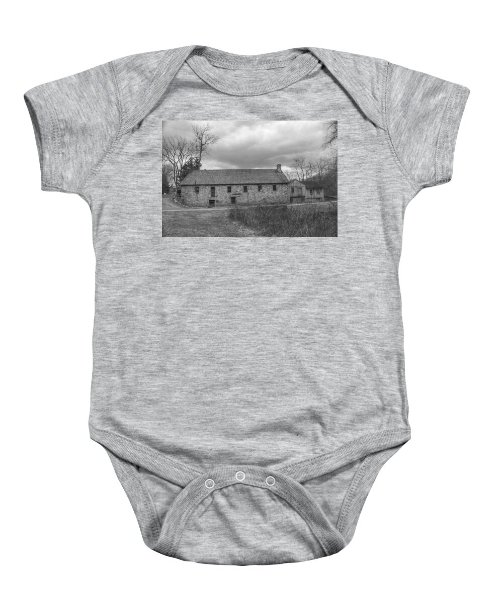Waterloo Village Baby Onesie featuring the photograph Grey Skies Over Fieldstone - Waterloo Village by Christopher Lotito