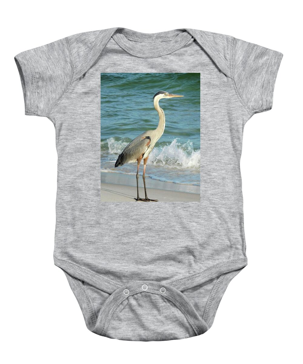 Birds Baby Onesie featuring the photograph Great Blue Heron in the Surf by Karen Stansberry