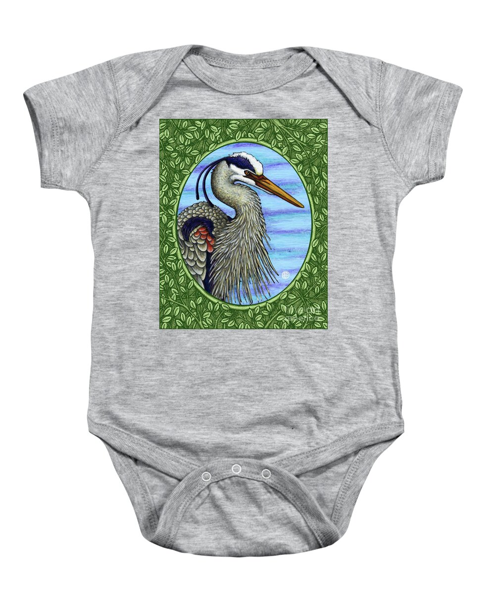 Animal Portrait Baby Onesie featuring the painting Great Blue Heron Portrait - Green Border by Amy E Fraser