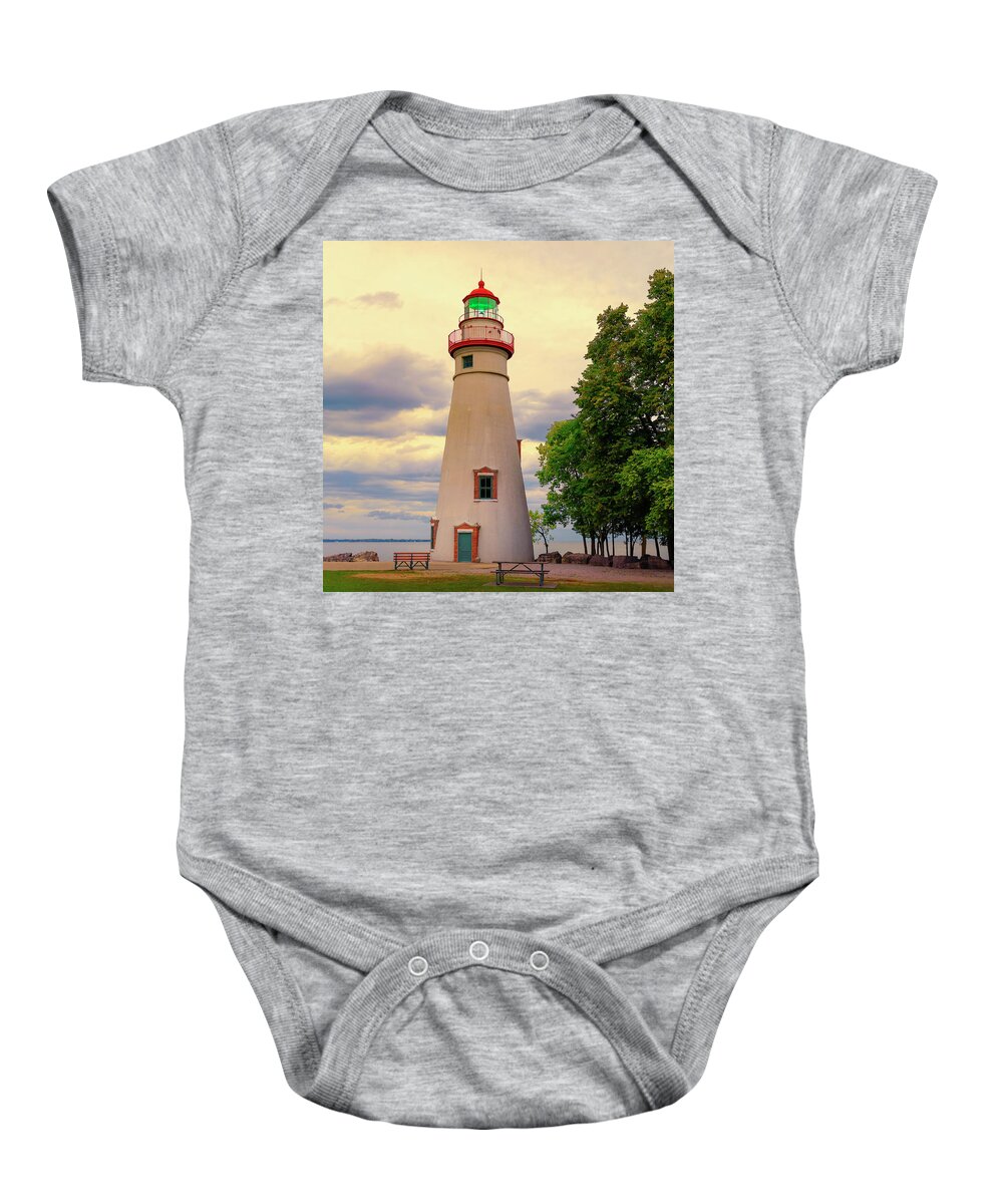 Marblehead Lighthouse Baby Onesie featuring the photograph Green Light Ohio Golden Hour by Marianne Campolongo