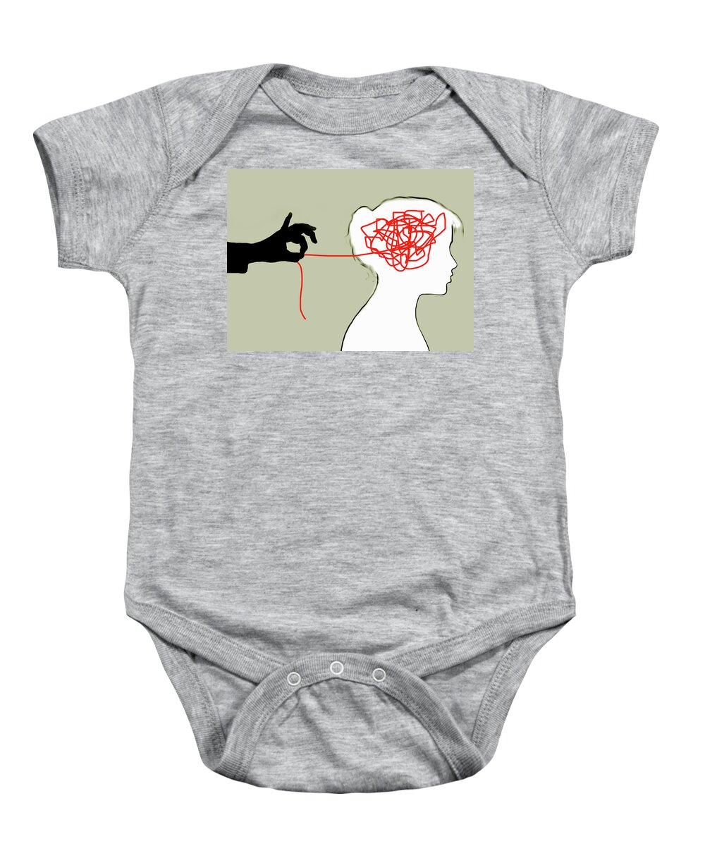 Adult Baby Onesie featuring the photograph Hand Unraveling Tangled String by Ikon Images