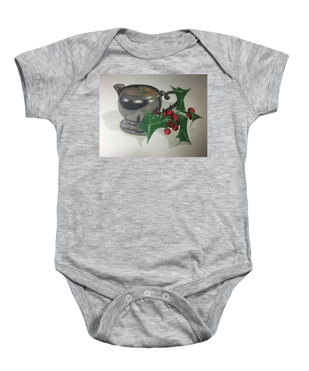 Creamer With Holly Sprig Baby Onesie featuring the drawing Holly and creamer by Colette Lee