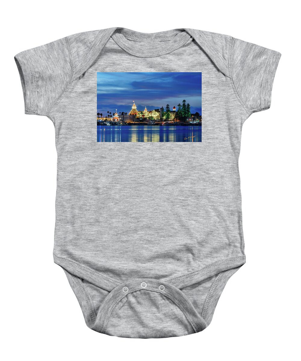Hotel Del Coronado Baby Onesie featuring the photograph Hotel Christmas by Dan McGeorge