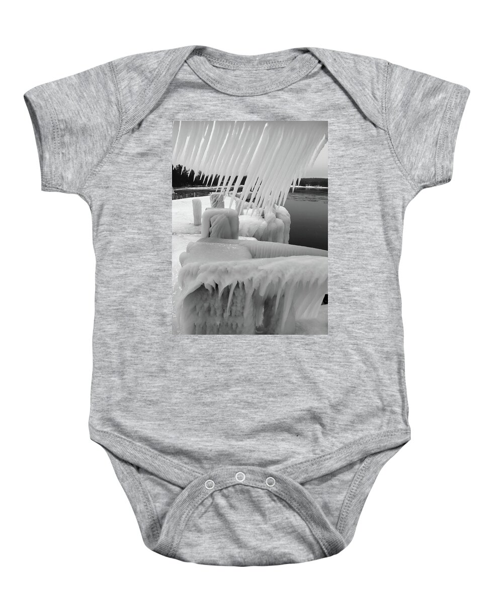 Dock Baby Onesie featuring the photograph Ice Ice and More Ice B W by David T Wilkinson