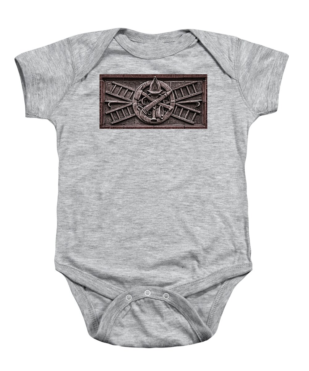 Fire Baby Onesie featuring the photograph Iconic Fire fighter emblems and symbols by Phil Cardamone