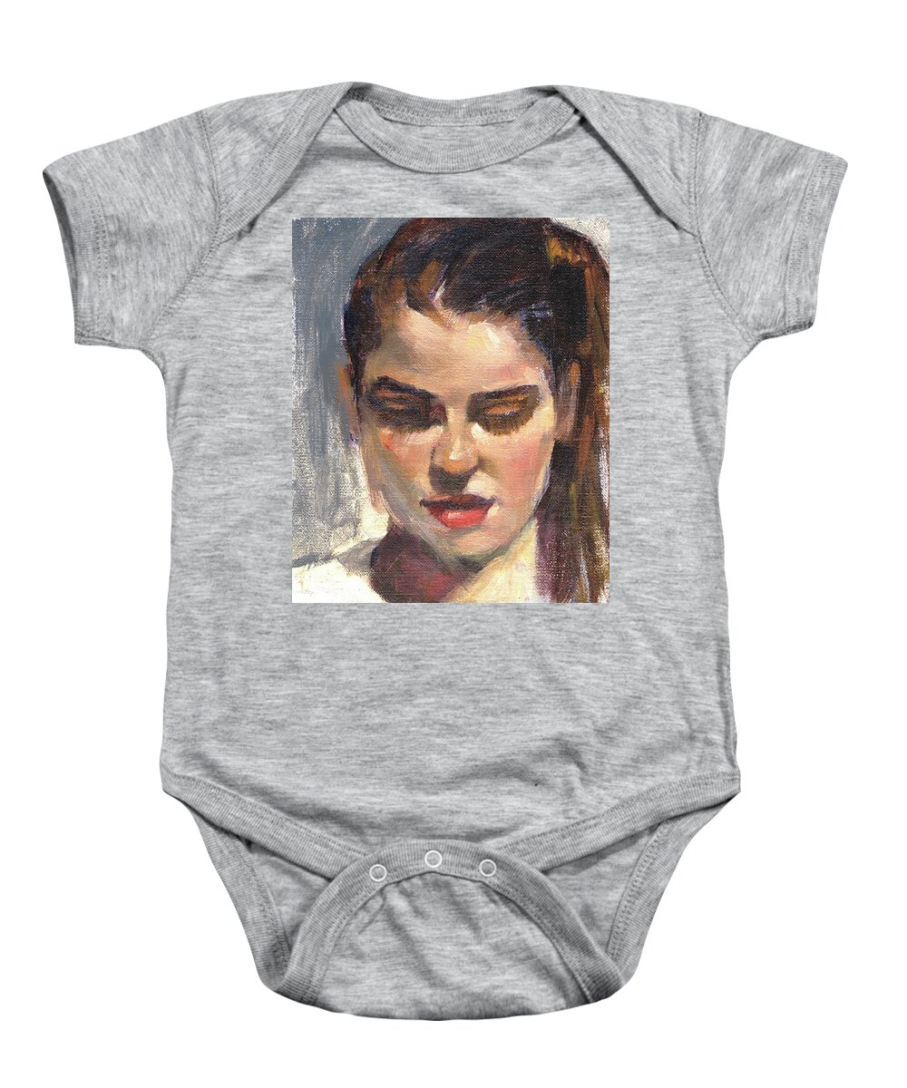 Young Woman Baby Onesie featuring the painting In Thought by Merle Keller