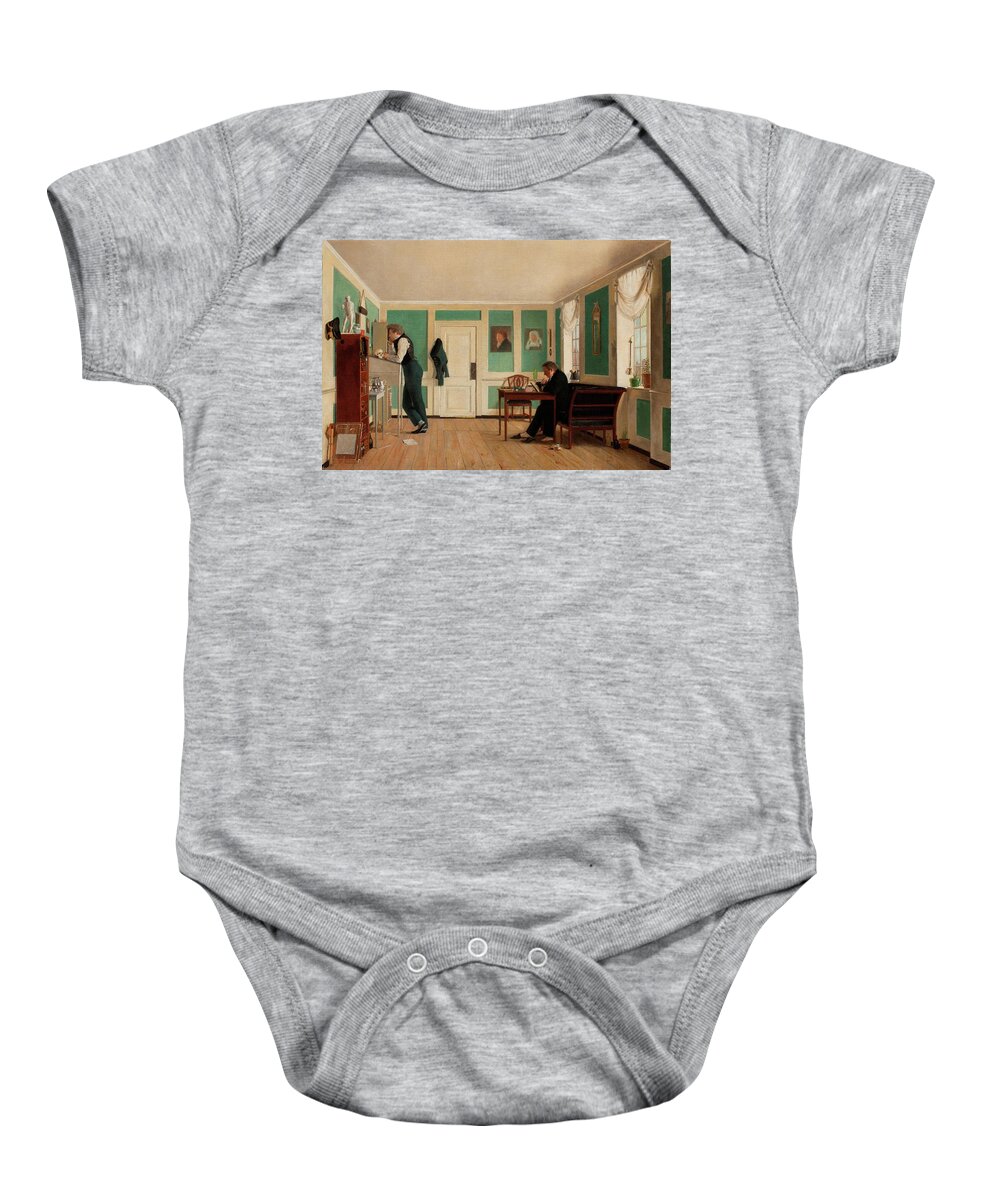 Wilhelm Bendz Baby Onesie featuring the painting Interior from Amaliegade. Captain Carl Ludvig Bendz standing and Dr. jacob Christian Bendz seated... by Wilhelm Bendz