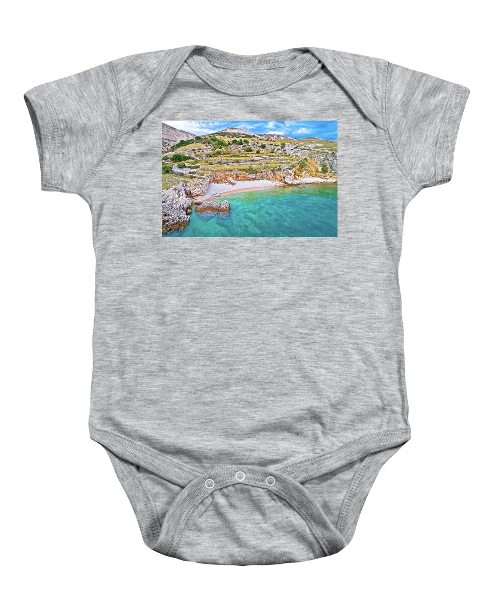 Pebble Baby Onesie featuring the photograph Island of Krk idyllic pebble beach with karst landscape, stone d by Brch Photography