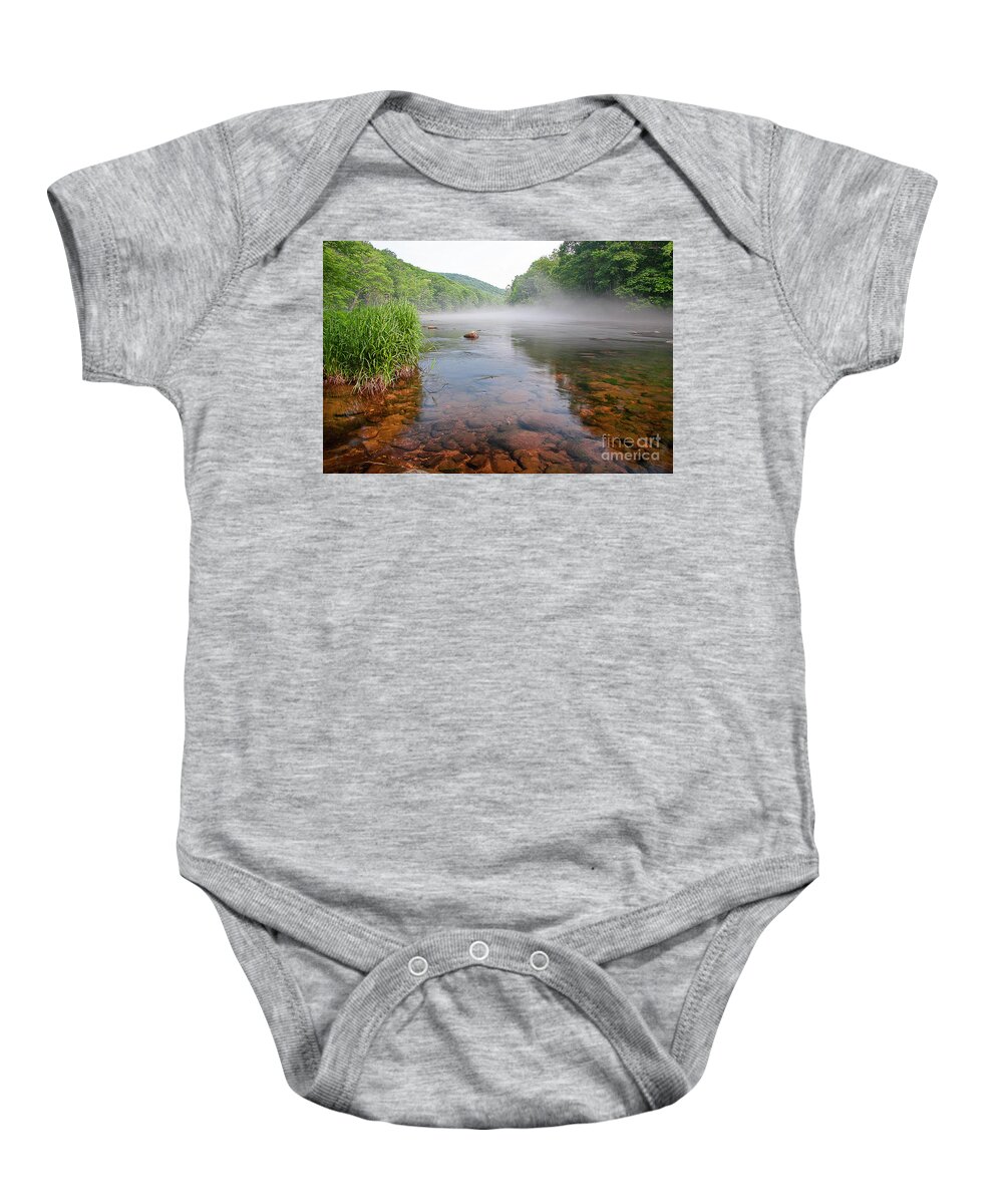 Farmington River Baby Onesie featuring the photograph June Morning Mist by Tom Cameron
