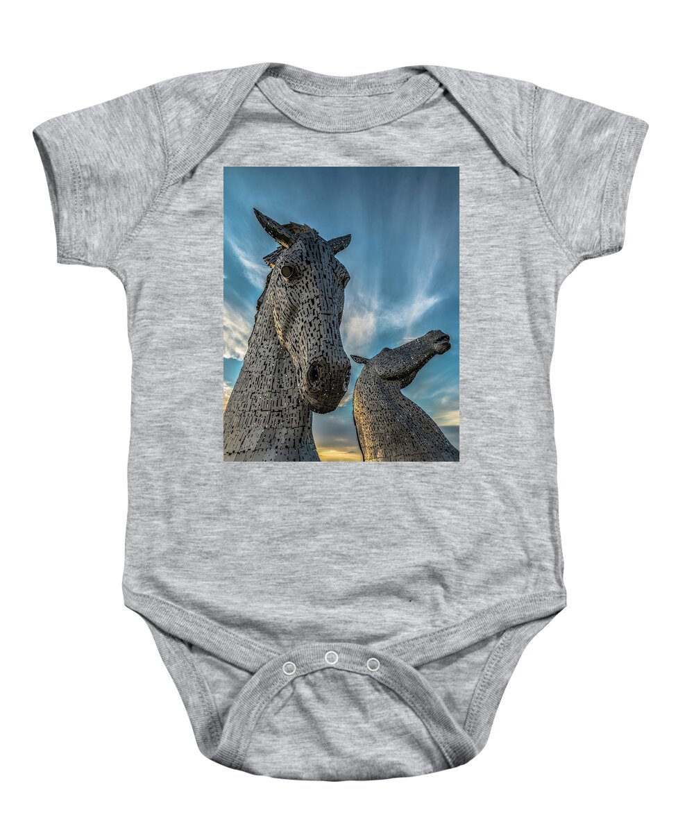 Kelpies Baby Onesie featuring the photograph Kelpies horse head sculptures by Charles Hutchison