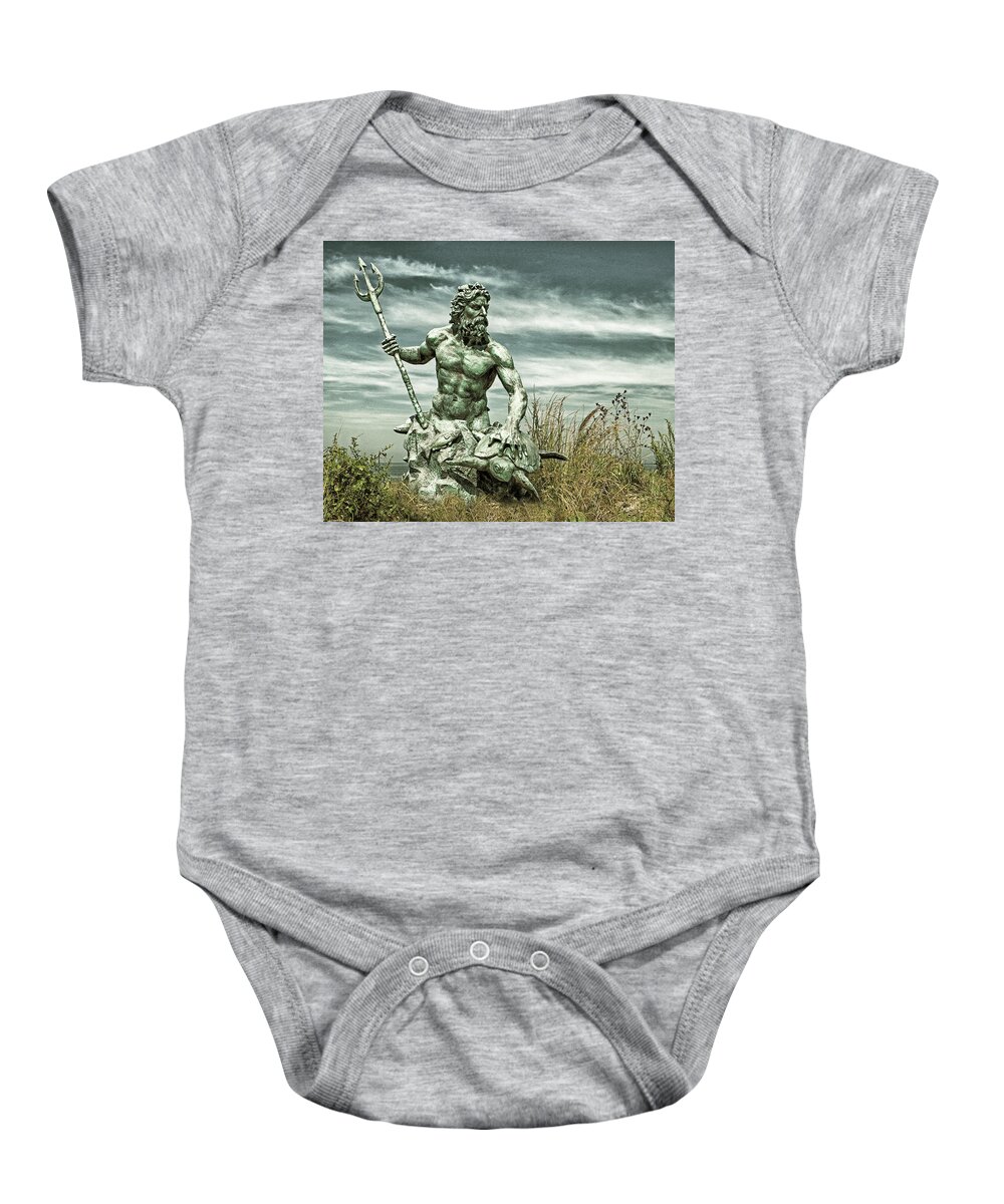 Neptune Baby Onesie featuring the photograph King Neptune Guards the Cape Charles Beach by Bill Swartwout