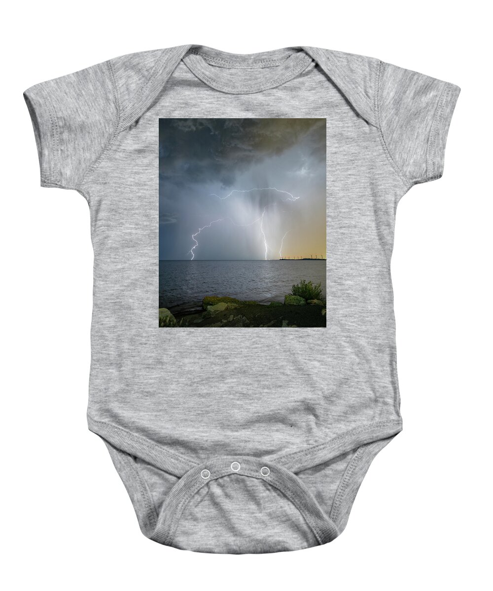 Lightning Baby Onesie featuring the photograph Lake Erie Lightning Storm by Dave Niedbala