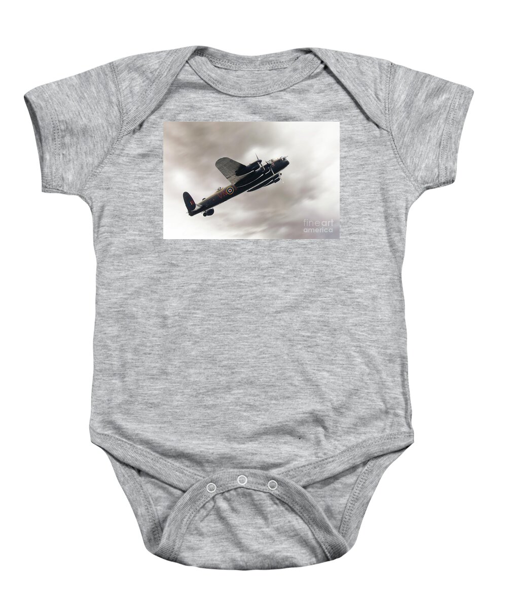 Aviation Baby Onesie featuring the photograph Lancaster bomber close up fly past by Simon Bratt
