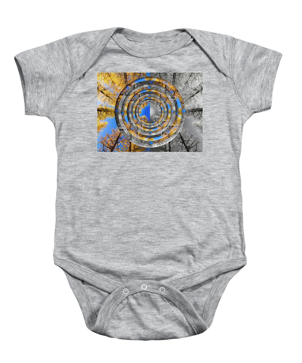 Evergreen Baby Onesie featuring the digital art Larches Color to Black and White Reflection Circles by Pelo Blanco Photo