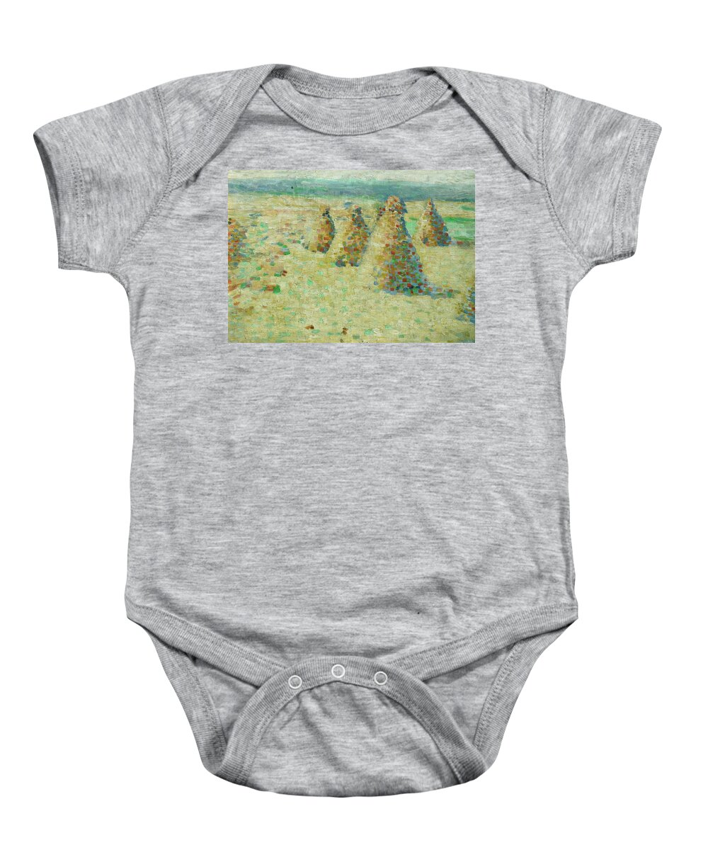 Charles Angrand Baby Onesie featuring the painting Les villottes, petites meules en Normandie, 1887-1889 Haystacks in Normandy. by Charles Angrand