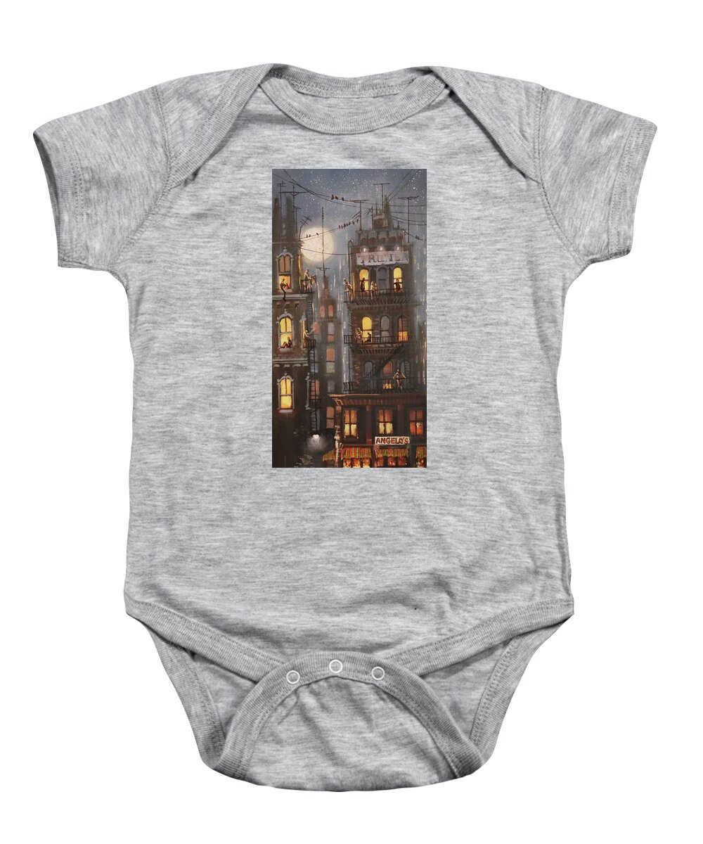 City Scene Baby Onesie featuring the painting Life Above Angelo's by Tom Shropshire