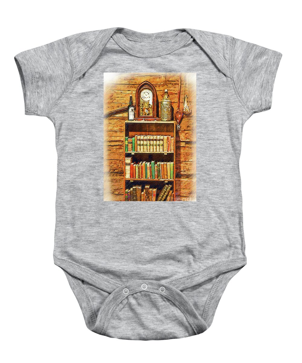 Sharlot-hall Baby Onesie featuring the digital art Log Cabin Book Case Sketched by Kirt Tisdale