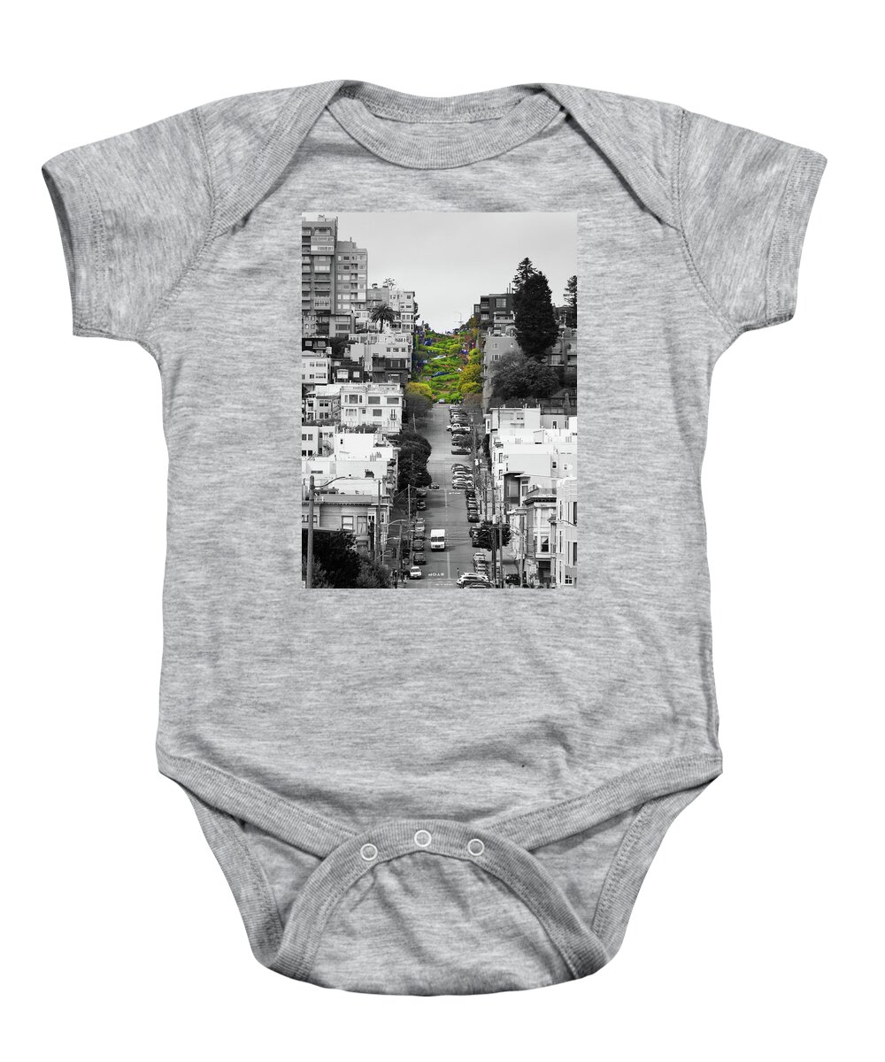 Wingsdomain Baby Onesie featuring the photograph Lombard Street San Francisco Crookedest Street In America R164 bw by Wingsdomain Art and Photography