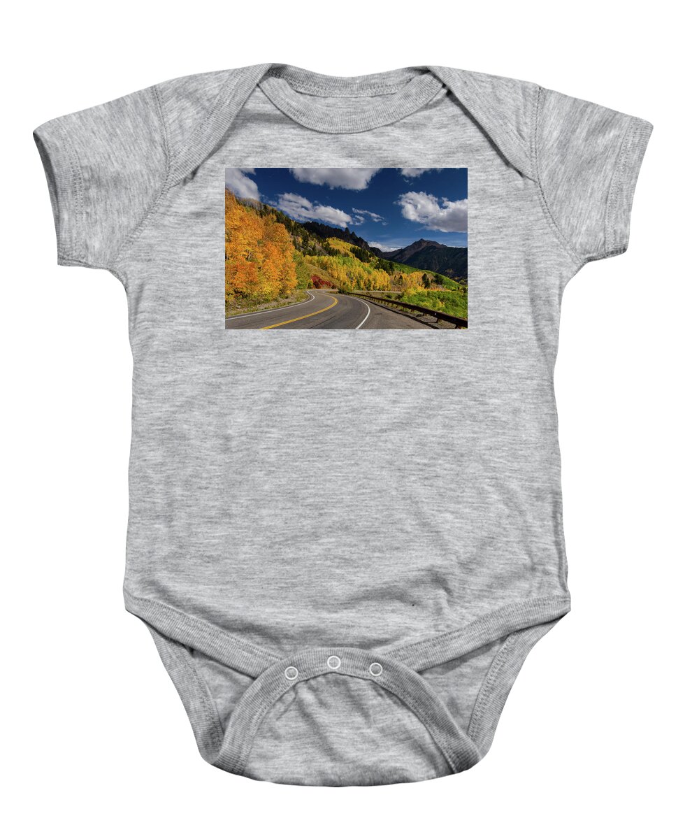 Telluride Baby Onesie featuring the photograph Long and Winding Road by Norma Brandsberg