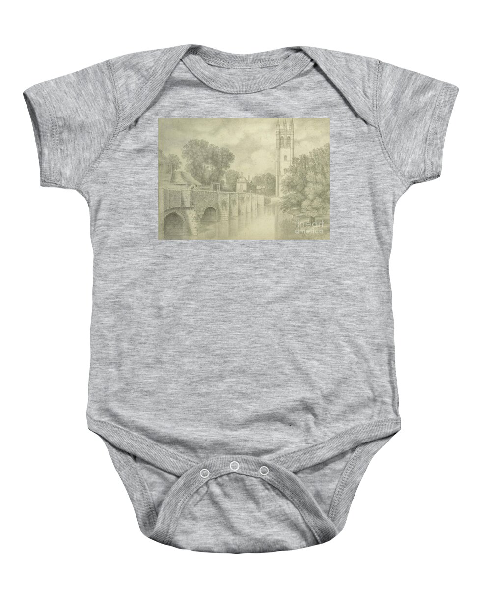 Bridge Baby Onesie featuring the painting Magdalen Bridge And Tower Graphite by John Baptist Malchair