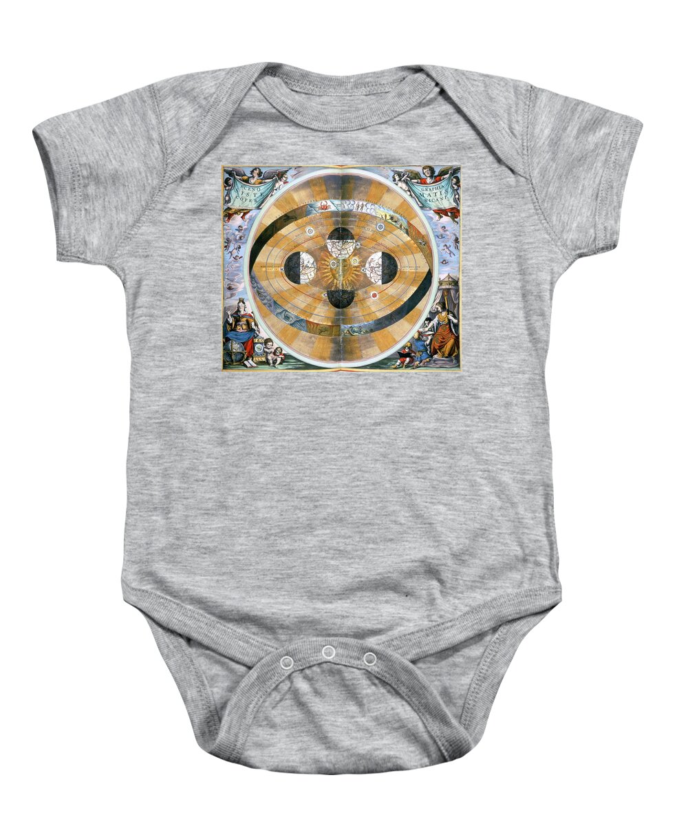 Nicolaus Copernicus Baby Onesie featuring the painting Map of heavens earth showing theory of earth planets and zodiac, c.1543 by Nicholas Copernicus. by Album
