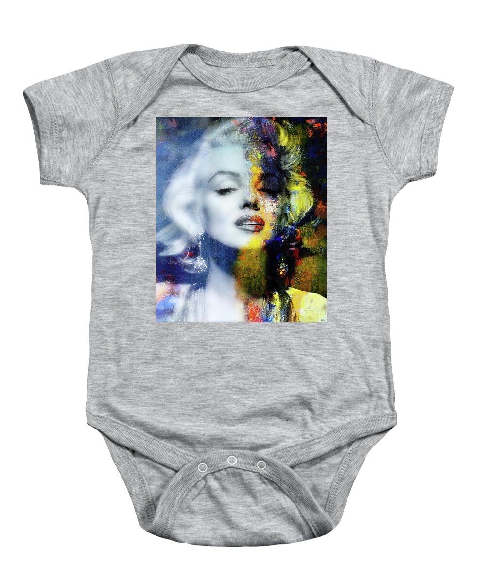 Marilyn Baby Onesie featuring the mixed media Marilyn Duality by Mal Bray