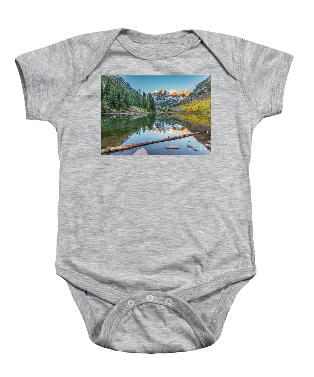 Maroon Bells Baby Onesie featuring the photograph Maroon Bells at Sunrise by Melissa Lipton